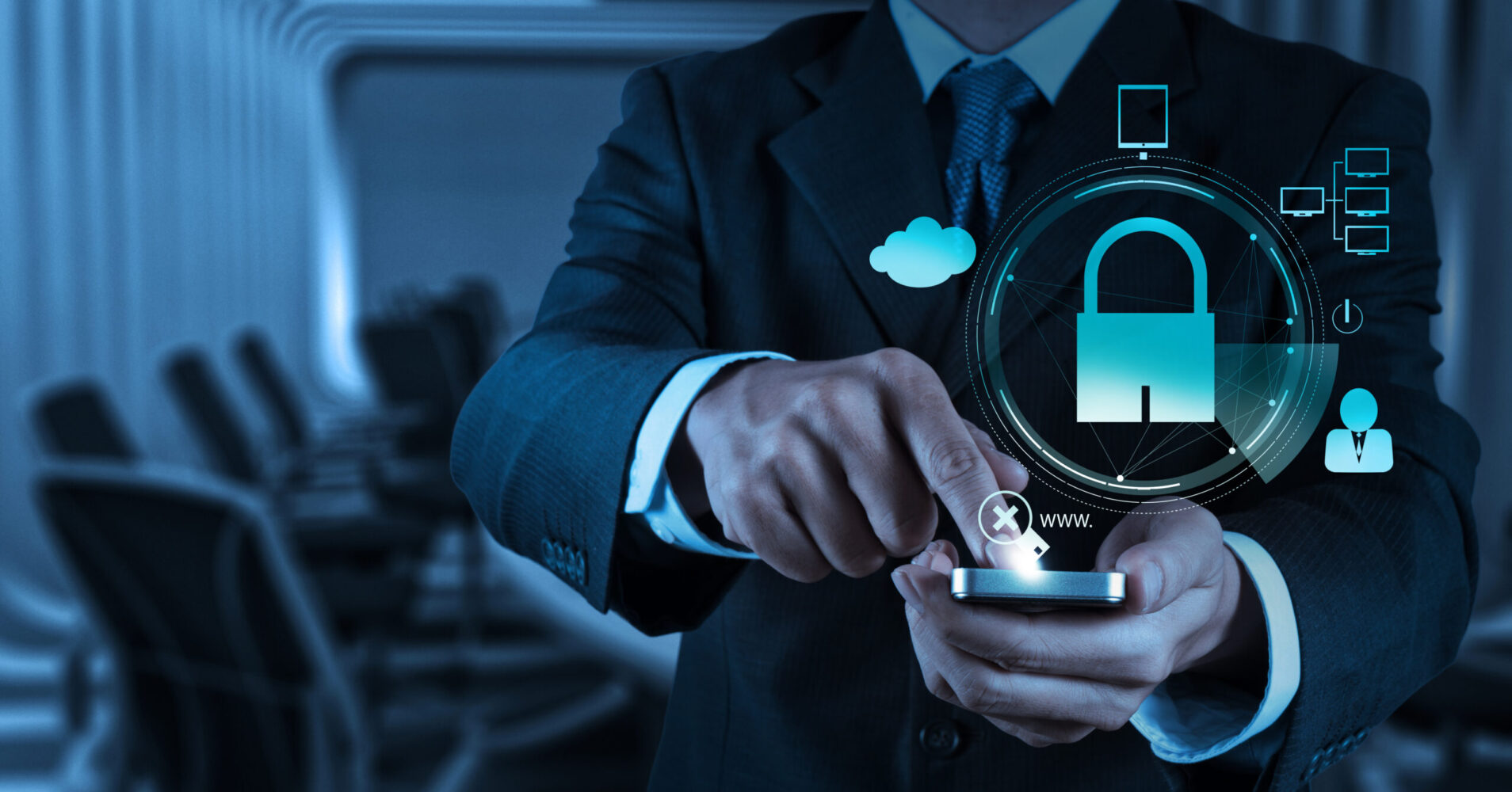 Businessman hand show 3d mobile with padlock as Internet securit